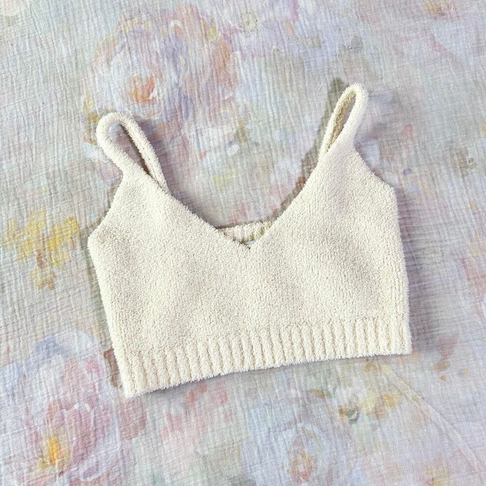 Fashion Nova cream fuzzy cropped bralette tank top S